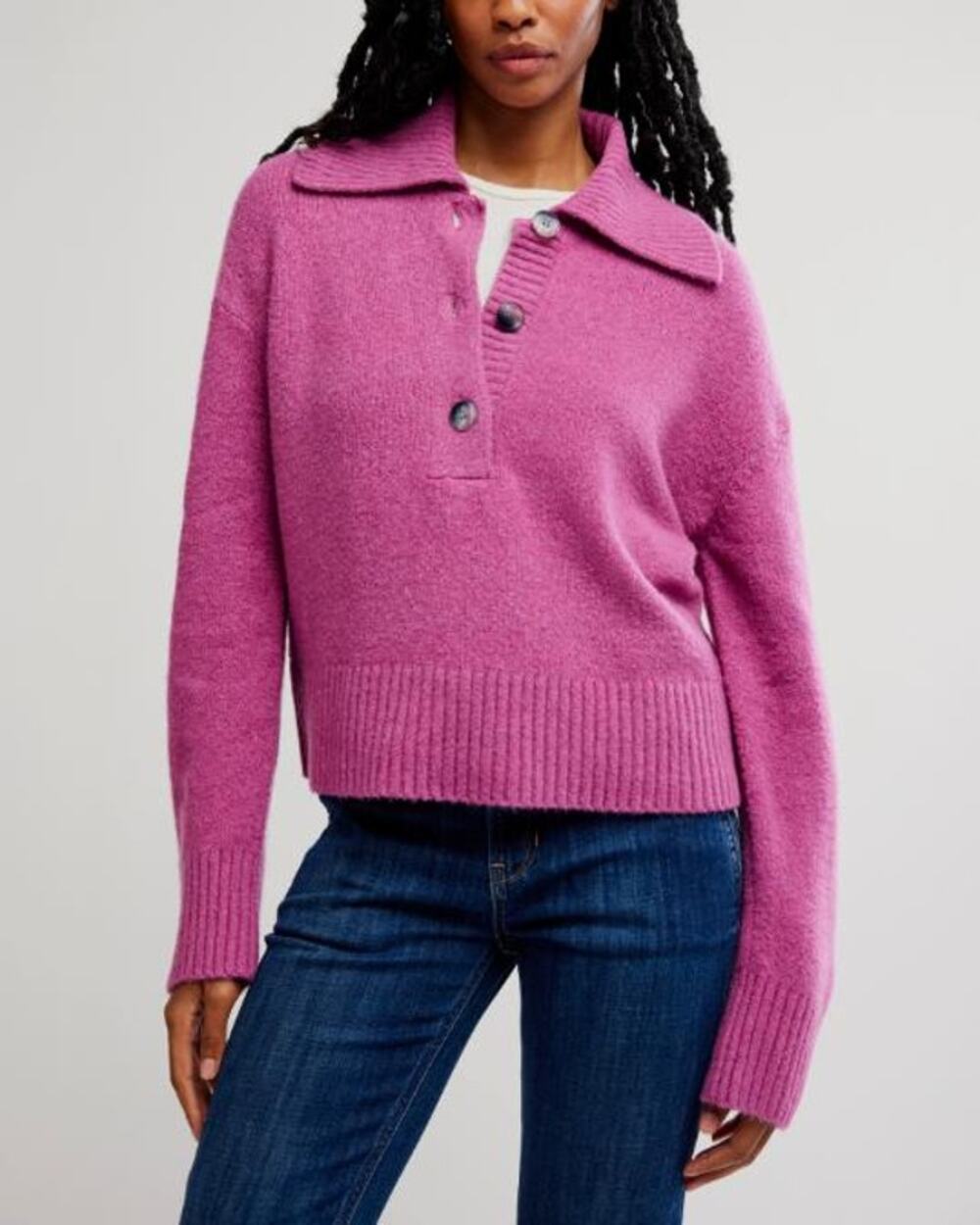 Free People Trading Up Polo Sweater Magenta Haze Pink Cotton Blend Size Small